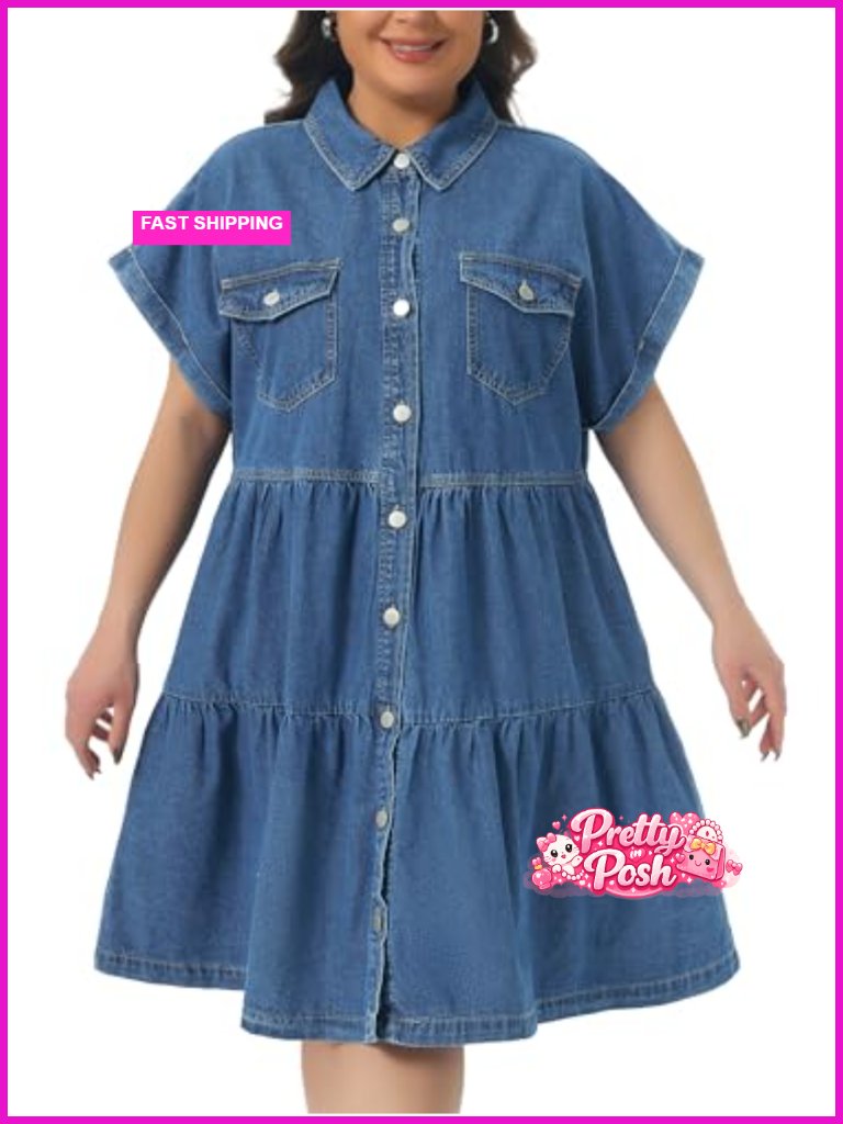 Plus Size Denim Babydoll Dress Button Down Tiered Swing Dress With Pockets